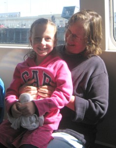 Lin and a tired grandchild arriving at St Peter Port