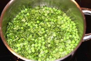 The peas, parsley and stock just a-bubbling in the pan